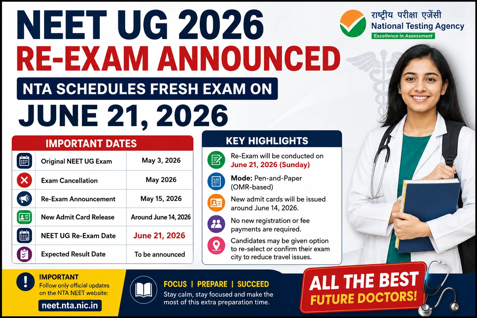 NEET UG 2026 re-exam on June 21 latest update with admit card release date and important details